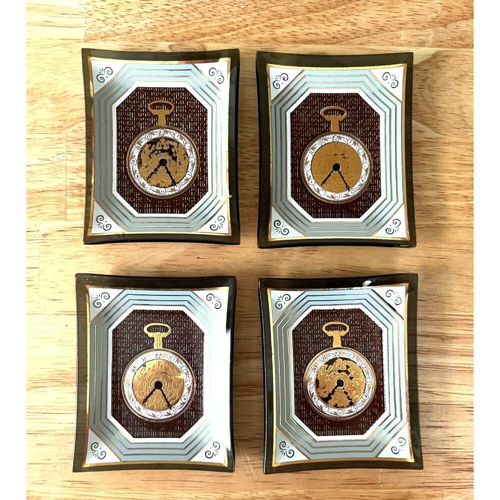 Vintage Houze Art Glass Gold Vermil Pocket Watch Mini Trays Set Of 4